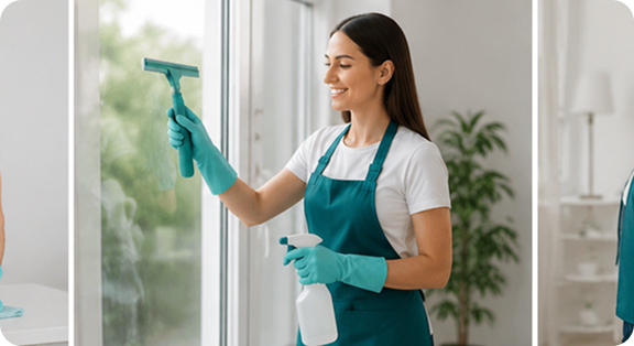 Professional cleaner washing windows with squeegee flawlessly